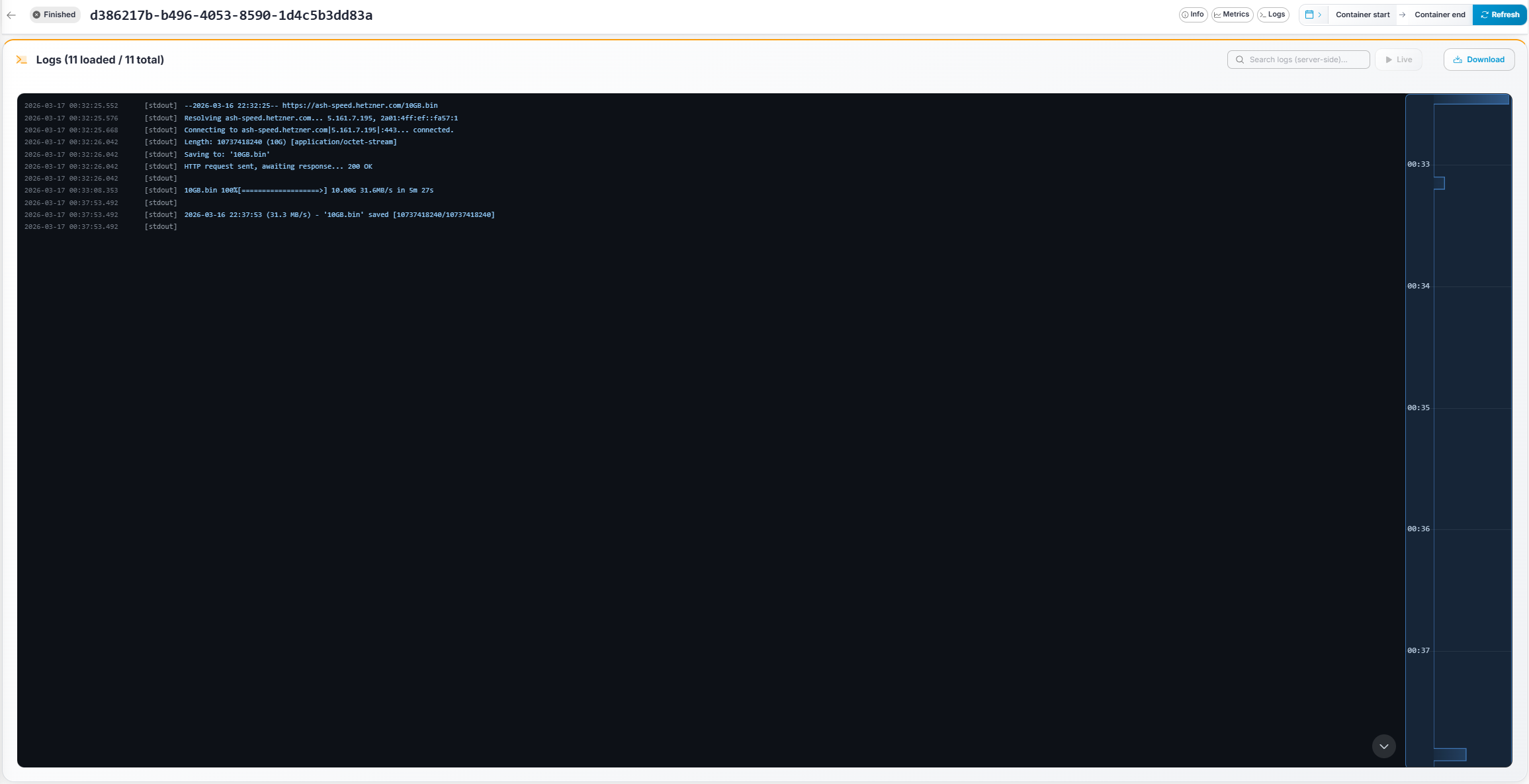 Gameye Admin — Container Details logs panel