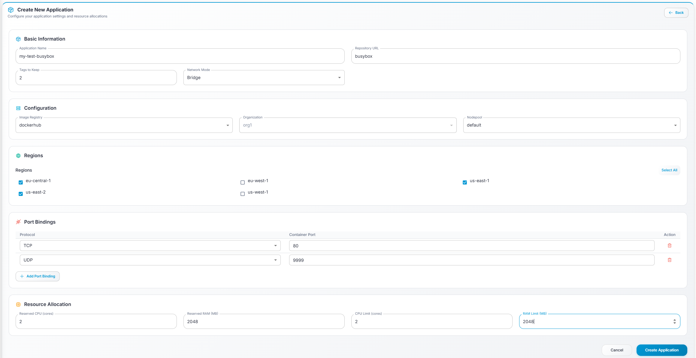 Gameye Admin — Application creation form