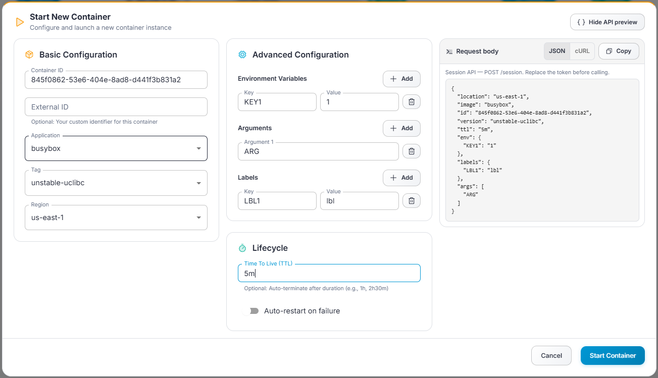 Gameye Admin — Start Container dialog