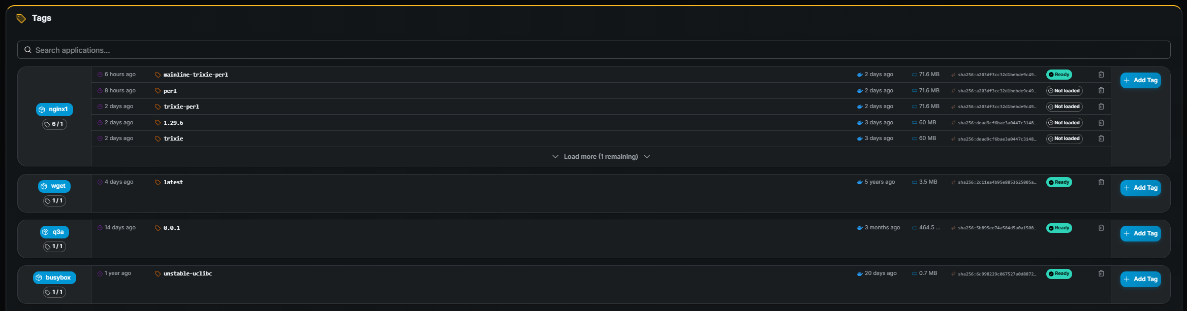 Gameye Admin — Tags page with application cards